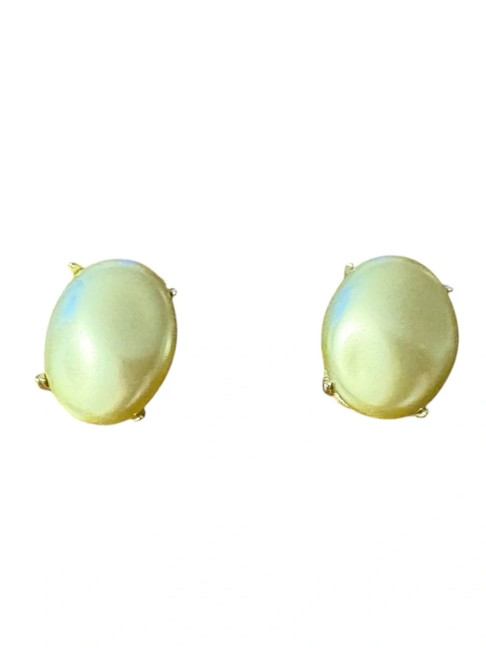 Vintage Light Green Faux Pearl Clip On Earrings Oval Mid Century Statement